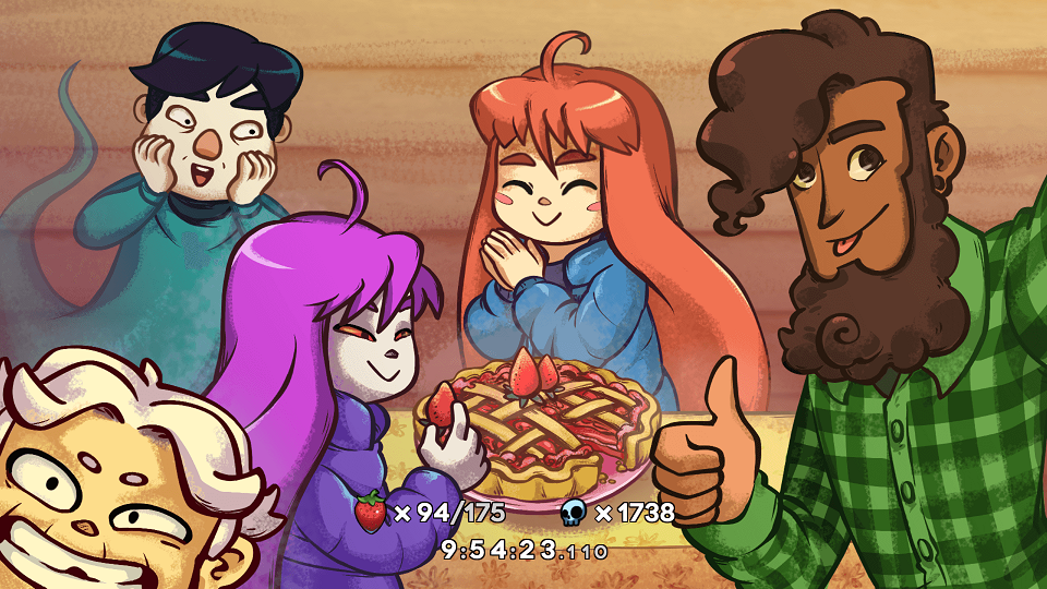 A screenshot of Celeste after the first playthough. 94 out of 175 strawberries, 1738 deaths, and 9 hours and 54 minutes playtime.